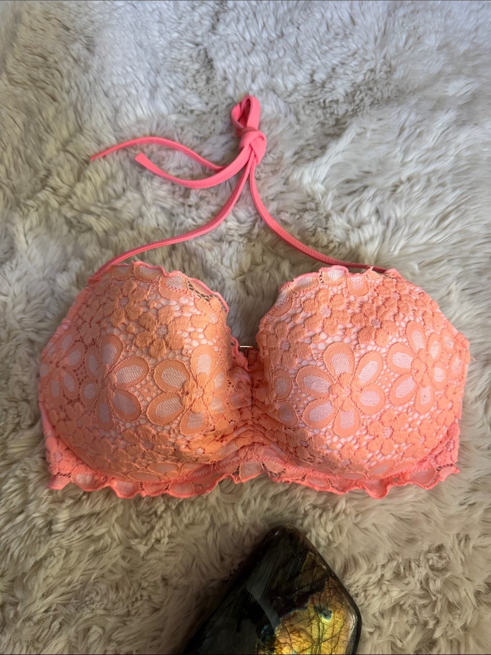 34DD Victoria's Secret Coral Lace Halter Bikini Top